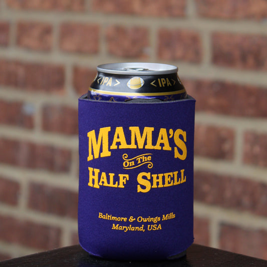 Purple can cooler with Mama's logo.